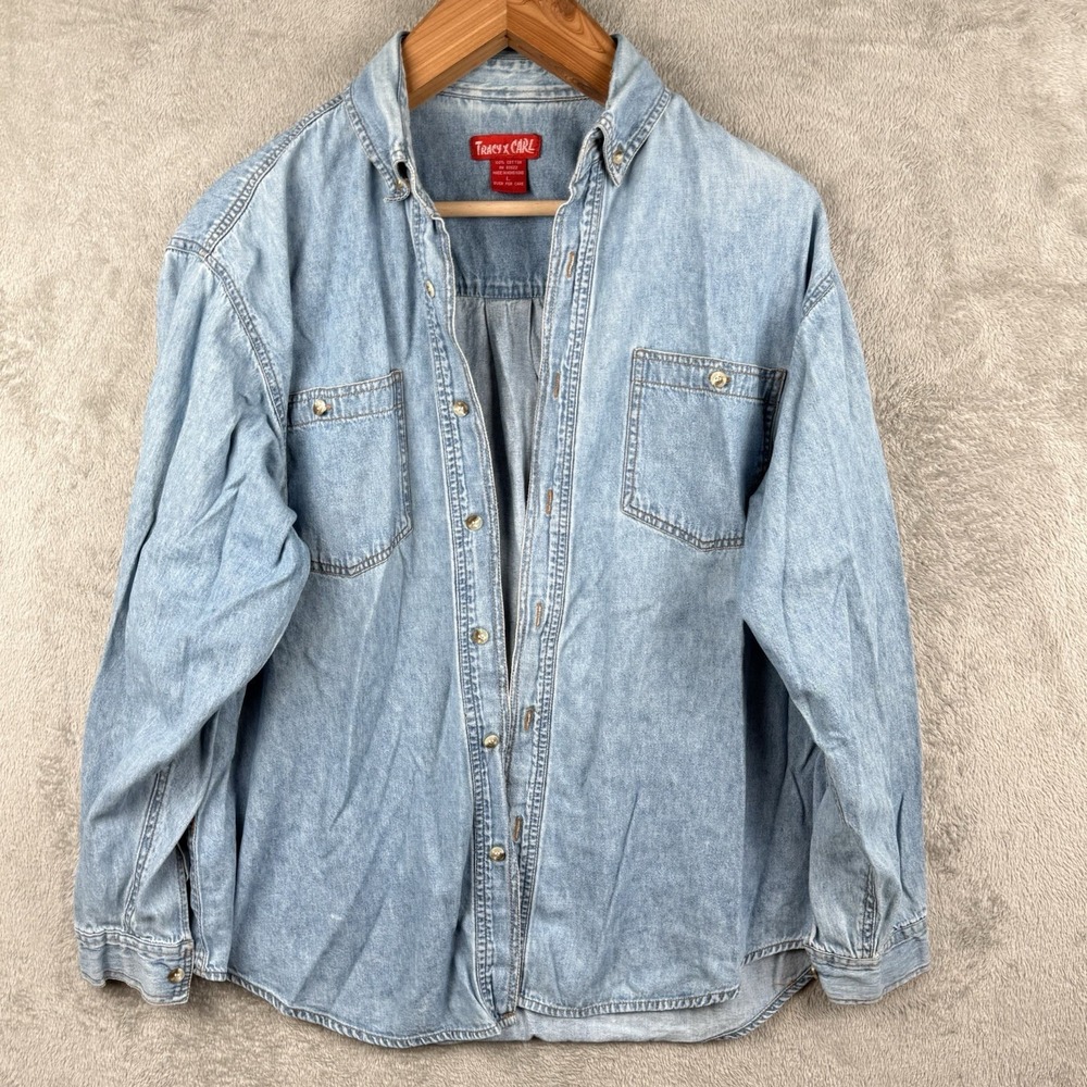 Tracy X Carl Denim Button Down Long Sleeve Shirt Mens L Vintage 90s Blue 4376